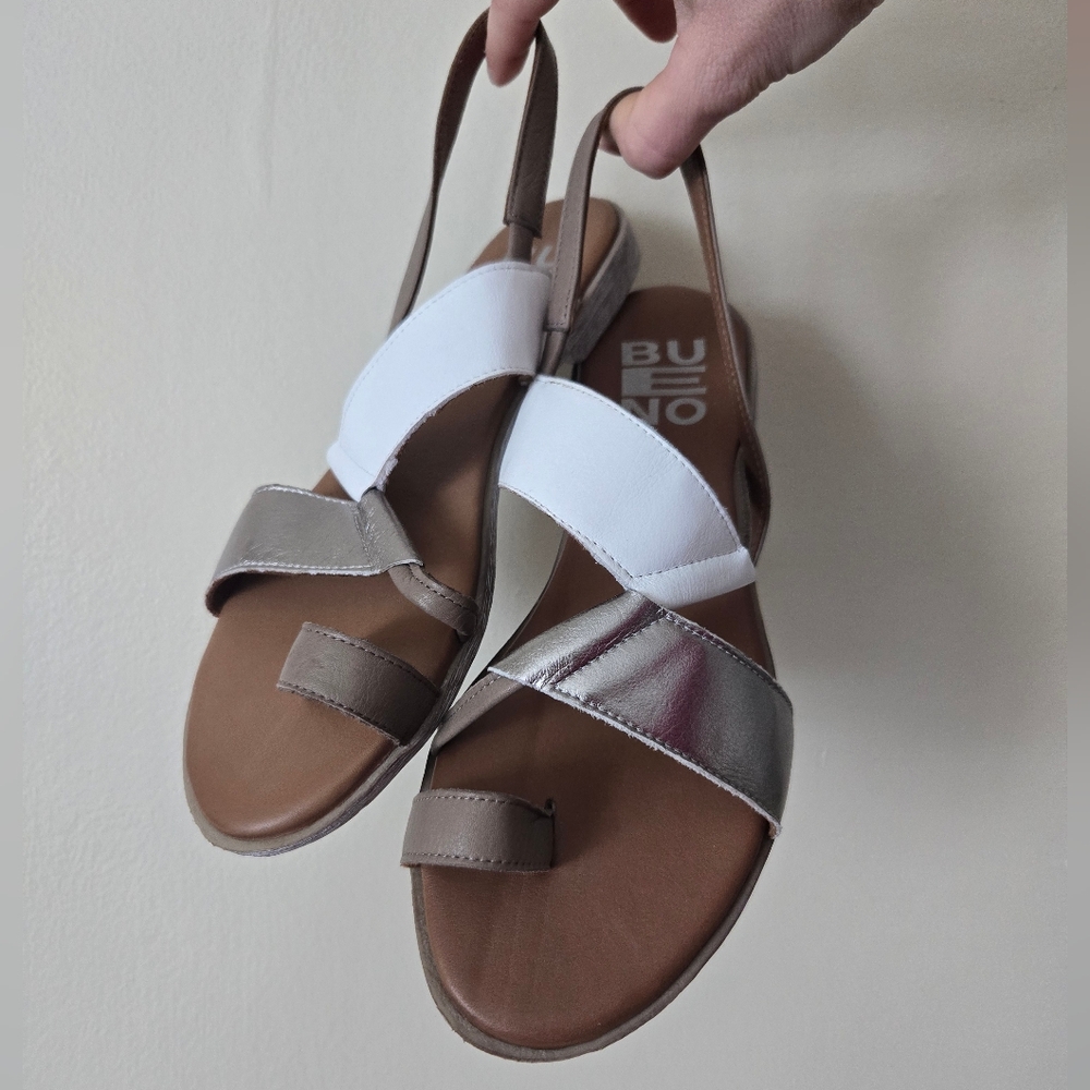Bueno, genuine leather, size 39, size 8.5, NWT, white, tan, silver, sandals